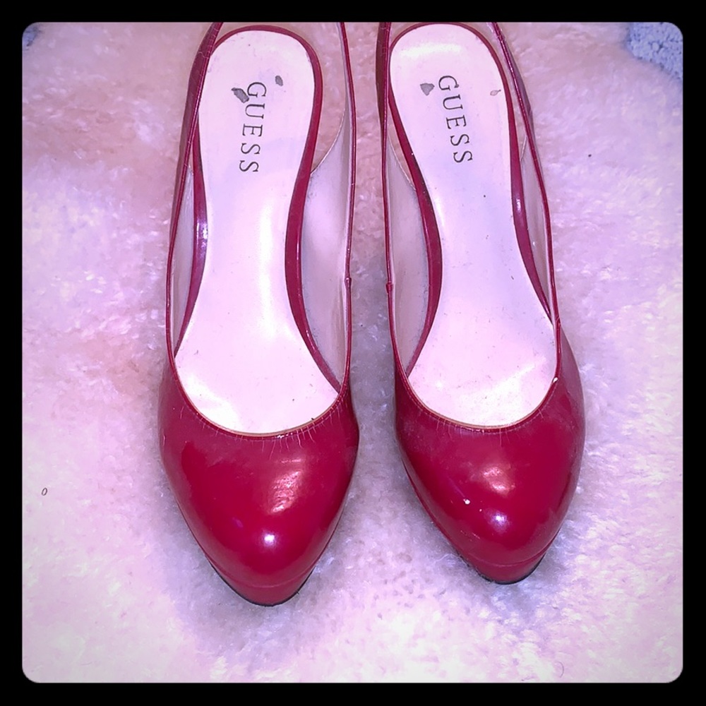 GUESS fire engine red platform stilettos